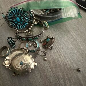 1.5 pound Lot of Broken Turquoise, Gemstones and Silver Jewelry